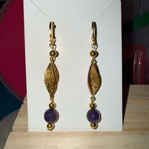 Elegant Gold tone Filigree and Purple Tourmaline Dangle Earrings